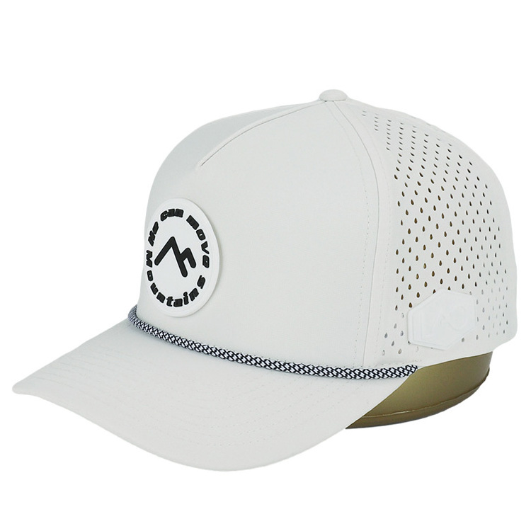 High Quality Custom 5 Panel Rubber Pvc Logo Rope Baseball Cap Waterproof Laser Cut Hole Perforated Performance golf Hat