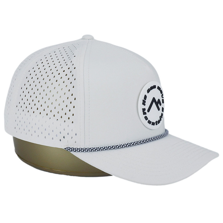 High Quality Custom 5 Panel Rubber Pvc Logo Rope Baseball Cap Waterproof Laser Cut Hole Perforated Performance golf Hat