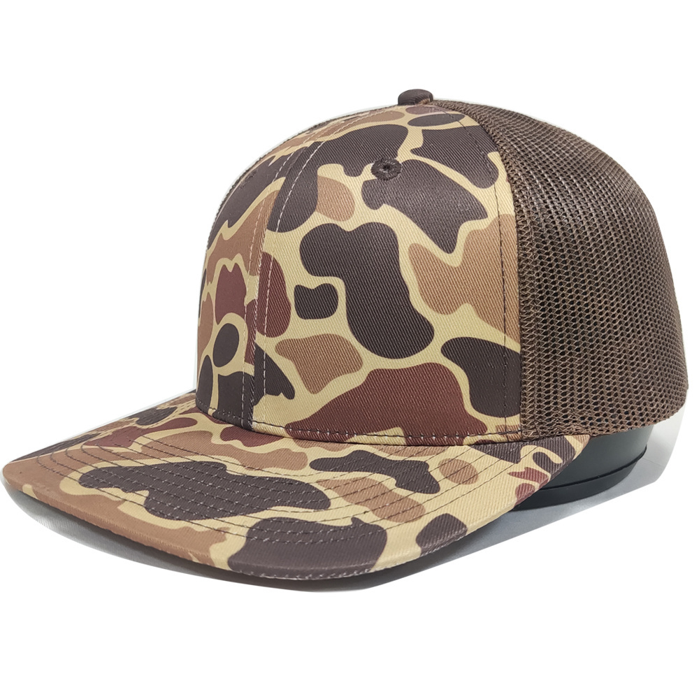 Old School Premium Quality Custom Leather Patch Logo 6 Panel Mesh Richardson 112 Style Trucker Camo Blank Hat