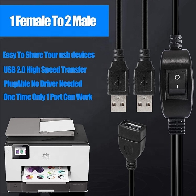 1 Female to 2 Dual Male USB Y Splitter Printer Sharing Switch Cable for Printer Scanner Speaker Keyboard Mouse