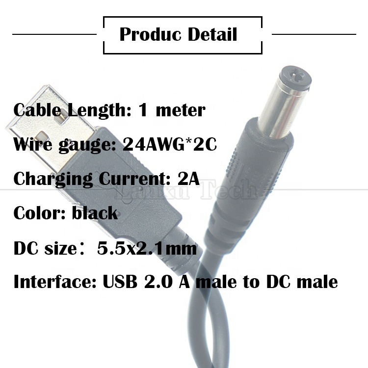 Custom 1m 5.5x2.1mm Barrel Jack USB to DC Power Cable