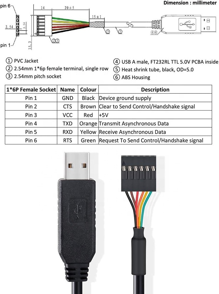 FTDI Chip FT232 USB to TTL 3.3V 5V Uart RTS CTS TXD RXD Serial Converter Cable for Arduino Raspberry Pi