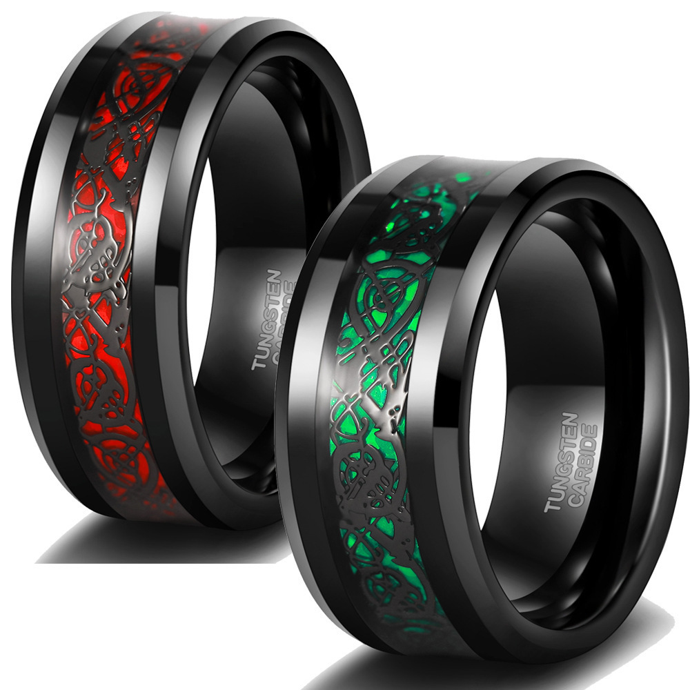 Men's Red/Green Carbon Fiber Black Celtic Dragon Tungsten Carbide Ring Comfort Fit Wedding size 7-13