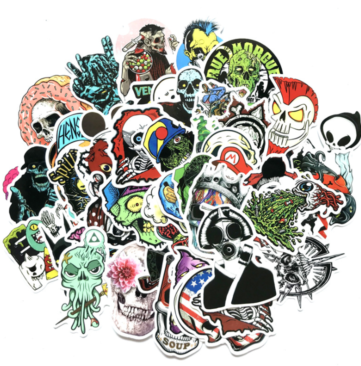 Skull Sticker Pack 50pcs for Laptop Water Bottle Crazy Vinyl Horror Skeleton Decals for Skateboard Computer Skull Stickers