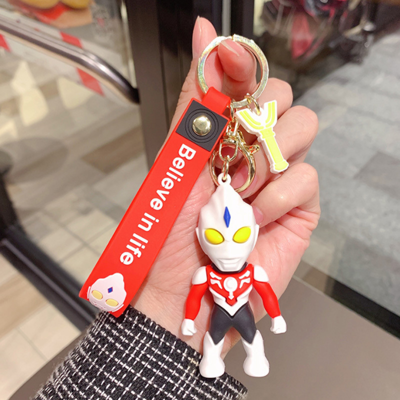 Funny 3D Cartoon Ultraman Keychains with Wrist Strap Wholesale Custom Bag Decoration Ultraman Keyrings Gift