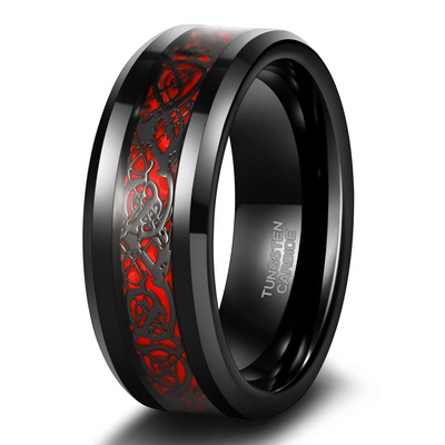 Men's Red/Green Carbon Fiber Black Celtic Dragon Tungsten Carbide Ring Comfort Fit Wedding size 7-13