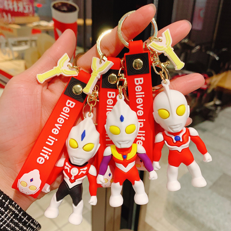 Funny 3D Cartoon Ultraman Keychains with Wrist Strap Wholesale Custom Bag Decoration Ultraman Keyrings Gift