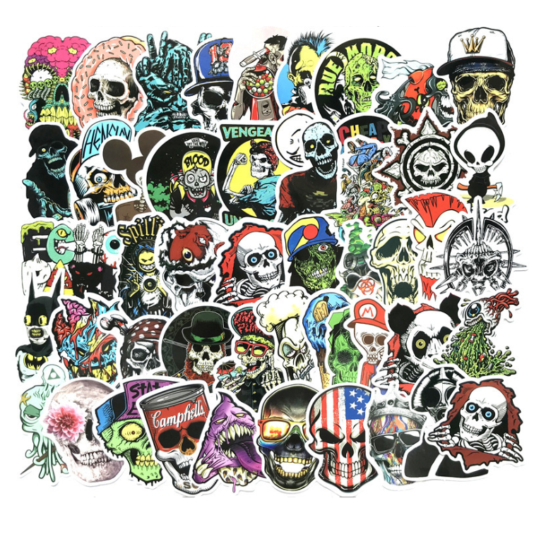 Skull Sticker Pack 50pcs for Laptop Water Bottle Crazy Vinyl Horror Skeleton Decals for Skateboard Computer Skull Stickers