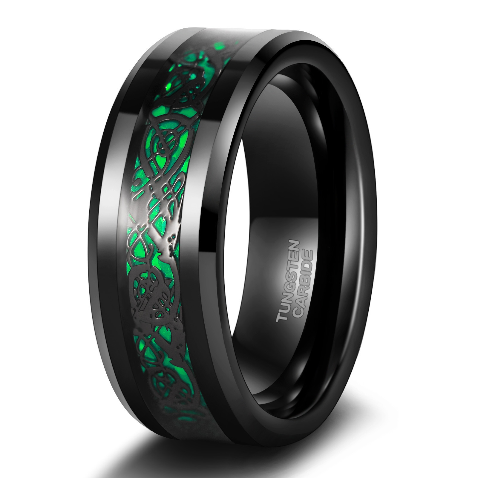 Men's Red/Green Carbon Fiber Black Celtic Dragon Tungsten Carbide Ring Comfort Fit Wedding size 7-13