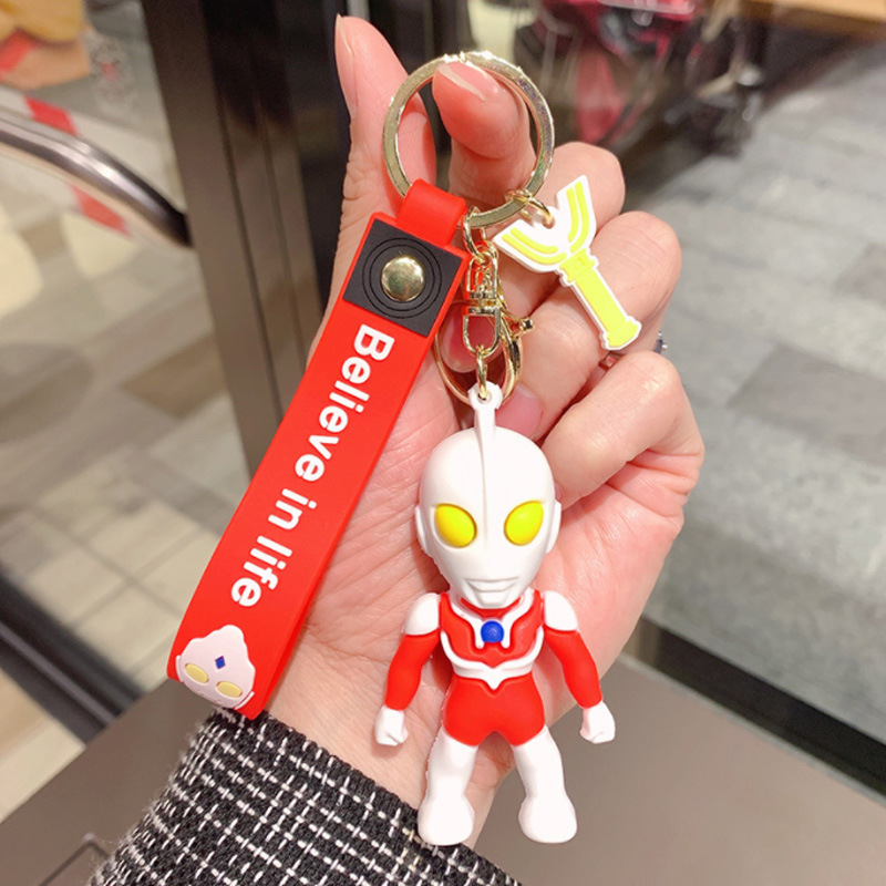 Funny 3D Cartoon Ultraman Keychains with Wrist Strap Wholesale Custom Bag Decoration Ultraman Keyrings Gift