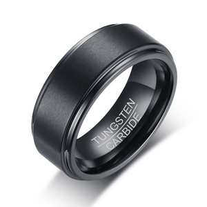 Engraved Personalized Black Tungsten Rings For Men Wedding Band Gold Step Edge Size 5-15