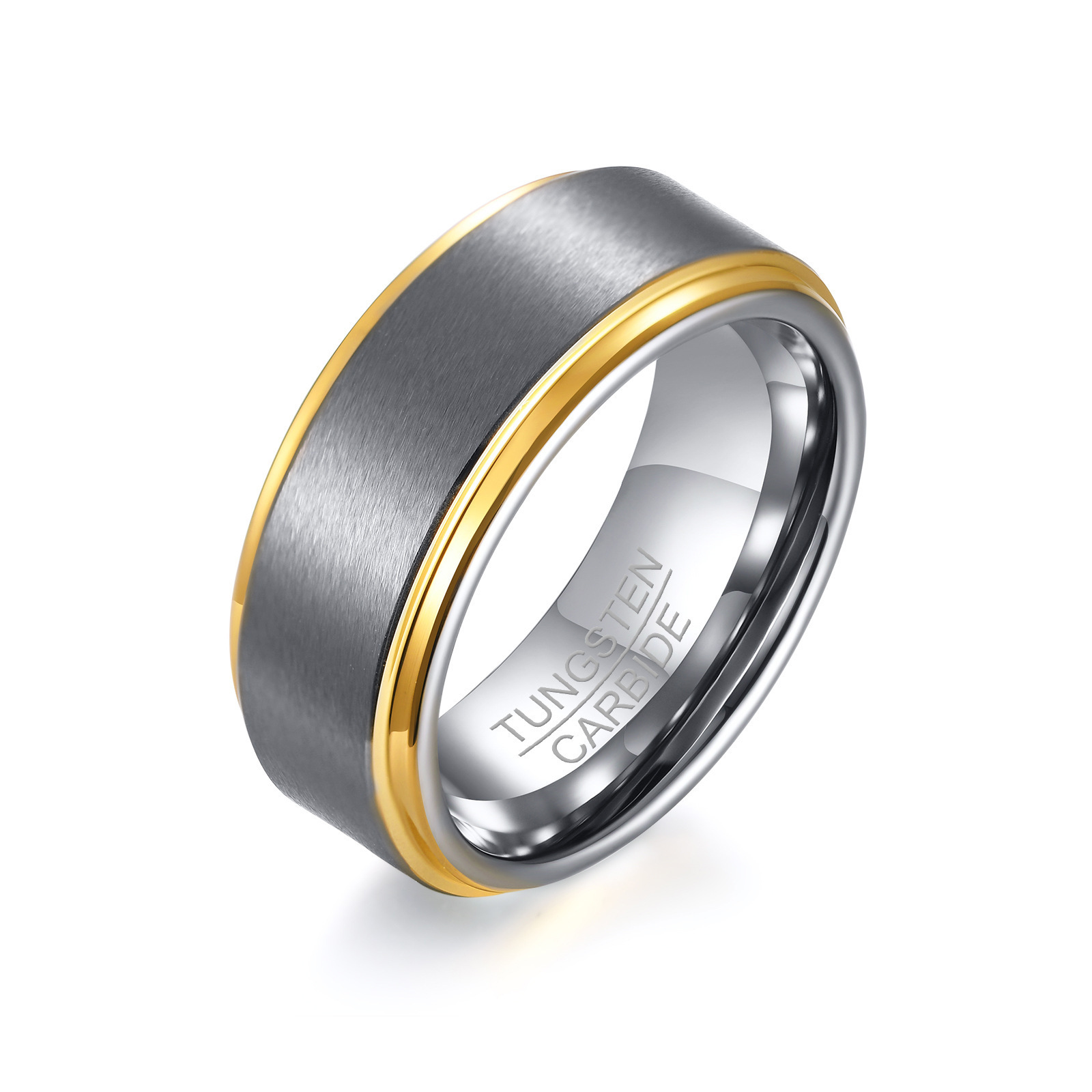 Engraved Personalized Black Tungsten Rings For Men Wedding Band Gold Step Edge Size 5-15