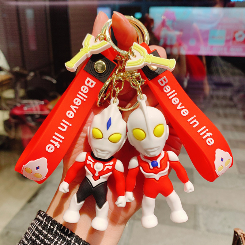 Funny 3D Cartoon Ultraman Keychains with Wrist Strap Wholesale Custom Bag Decoration Ultraman Keyrings Gift