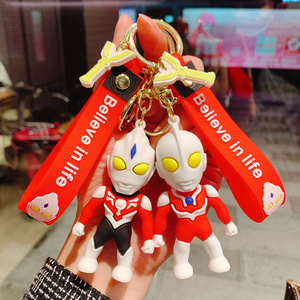 Funny 3D Cartoon Ultraman Keychains with Wrist Strap Wholesale Custom Bag Decoration Ultraman Keyrings Gift