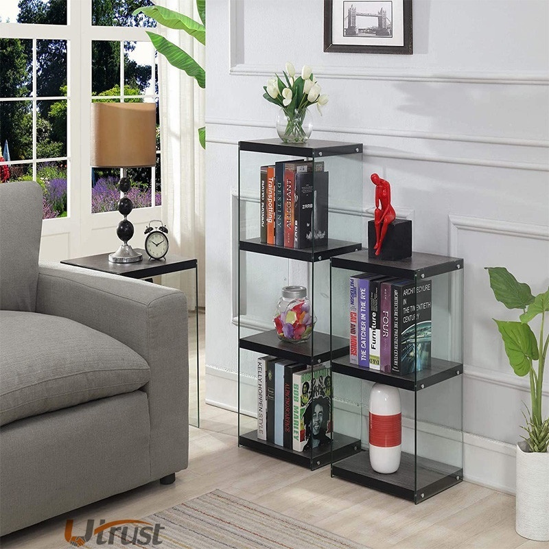 Popular simple steady designed wooden open tall glass and metal bookcases living room home office furniture with 4 shelves