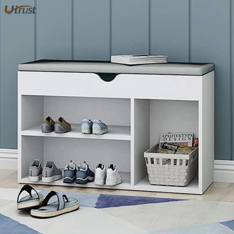 Latest designed wooden cheap narrow entry furniture shoe cabinet bench shoe rack white stool shoe bench with 1 big drawer