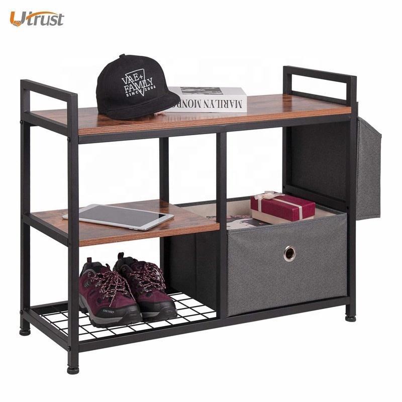 Industrial modern style shoe storage bench wooden shoe storage holder bench with 1 fabric storage box and metal frame n shelves