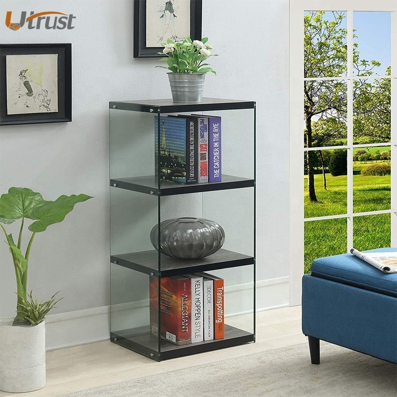 Popular simple steady designed wooden open tall glass and metal bookcases living room home office furniture with 4 shelves