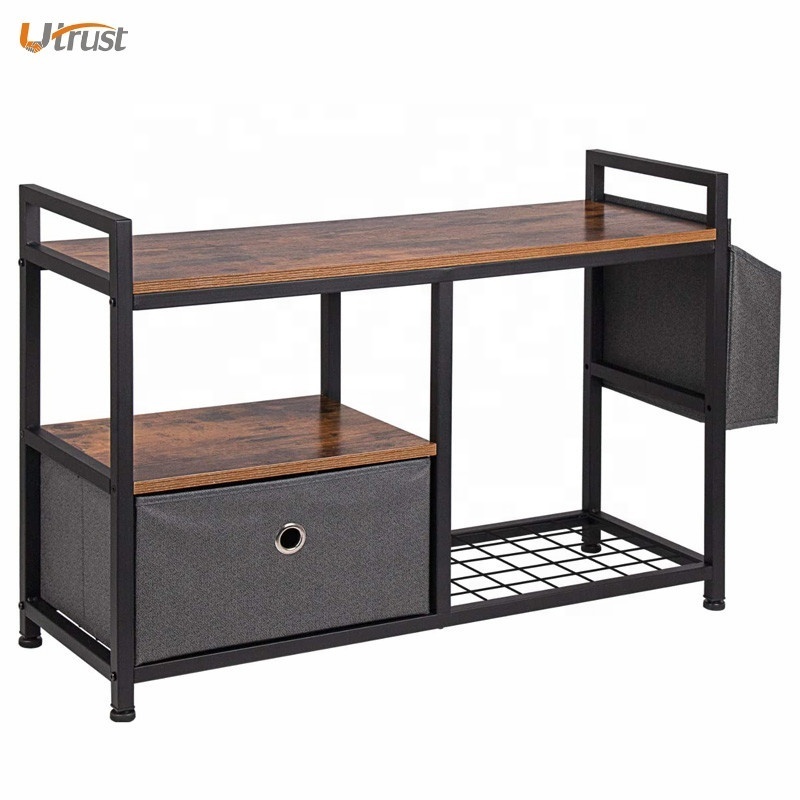 Industrial modern style shoe storage bench wooden shoe storage holder bench with 1 fabric storage box and metal frame n shelves