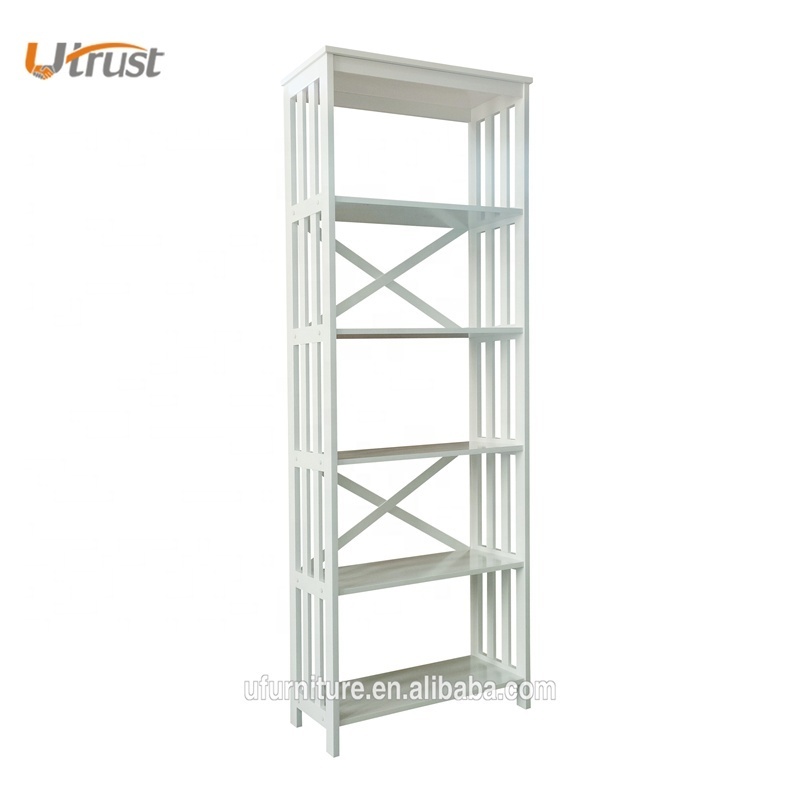 Industrial modern style tall shelves white office book shelf bookcase portable adjustable wood 5 tier bookshelf  bookcase