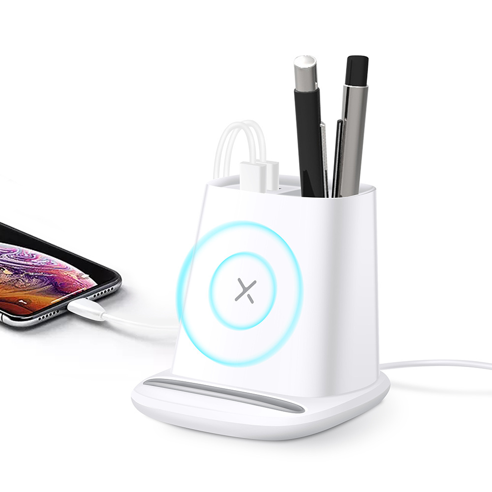 Most Popular Items Sold Online Dual Usb Output 4 in 1 Mobile Stand Wireless Charger Pen Holder