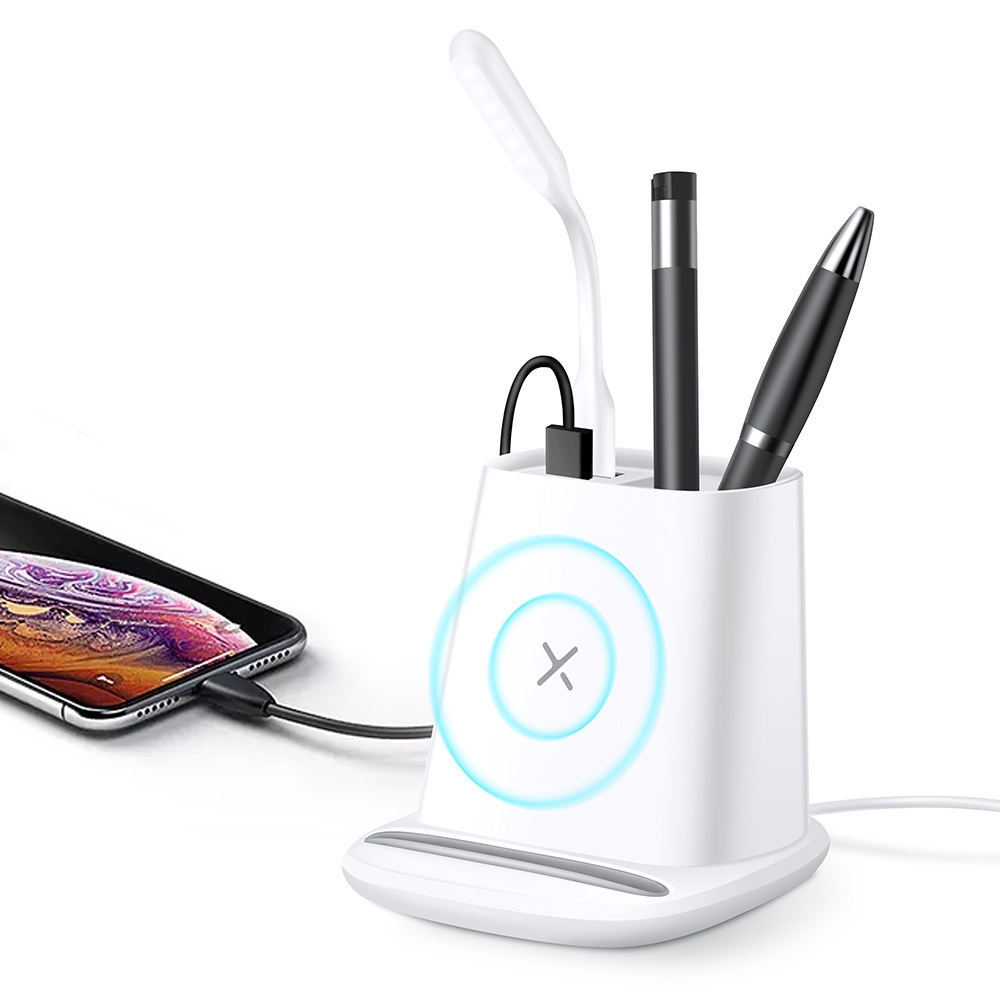 Most Popular Items Sold Online Dual Usb Output 4 in 1 Mobile Stand Wireless Charger Pen Holder