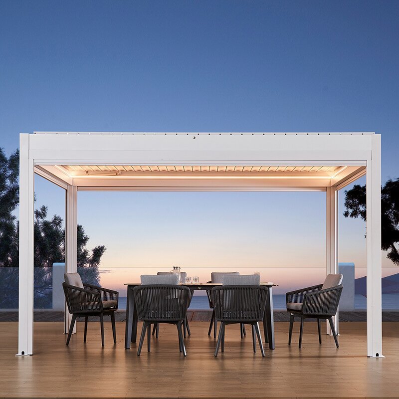 Aluminum louver roof pergola and gazebo outdoor with glass sliding doors and LED light