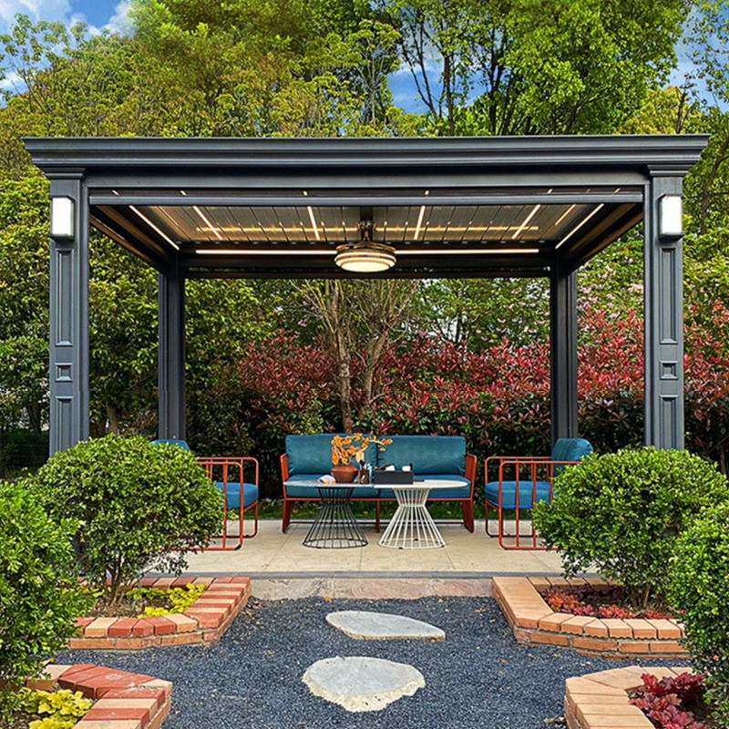 Aluminum louver roof pergola and gazebo outdoor with glass sliding doors and LED light