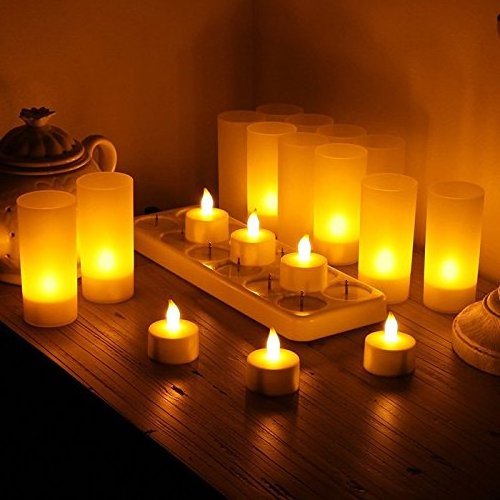 Set of 12 Amber Flickering Rechargeable LED Tea Light Candle LED Flameless Rechargeable Tealight Candle