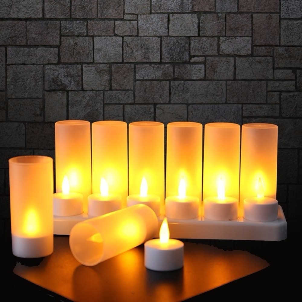 Set of 12 Amber Flickering Rechargeable LED Tea Light Candle LED Flameless Rechargeable Tealight Candle