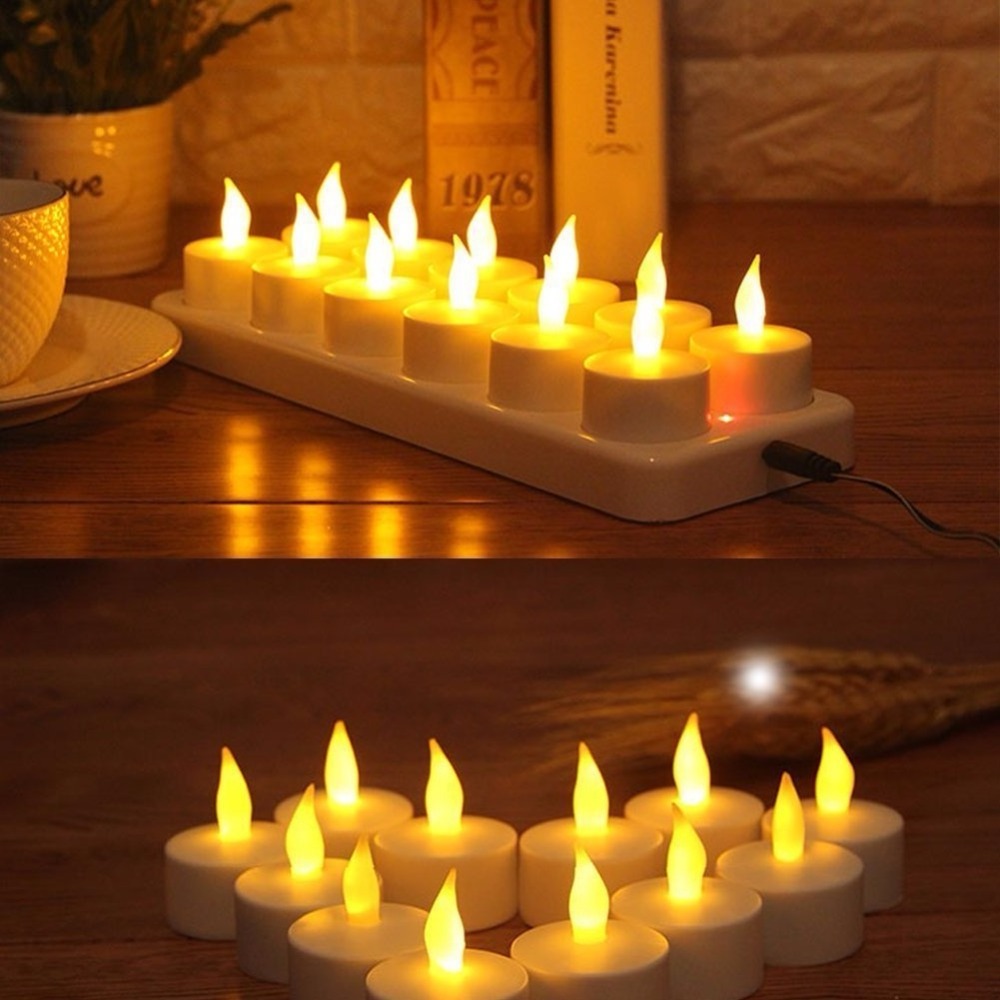 Set of 12 Amber Flickering Rechargeable LED Tea Light Candle LED Flameless Rechargeable Tealight Candle