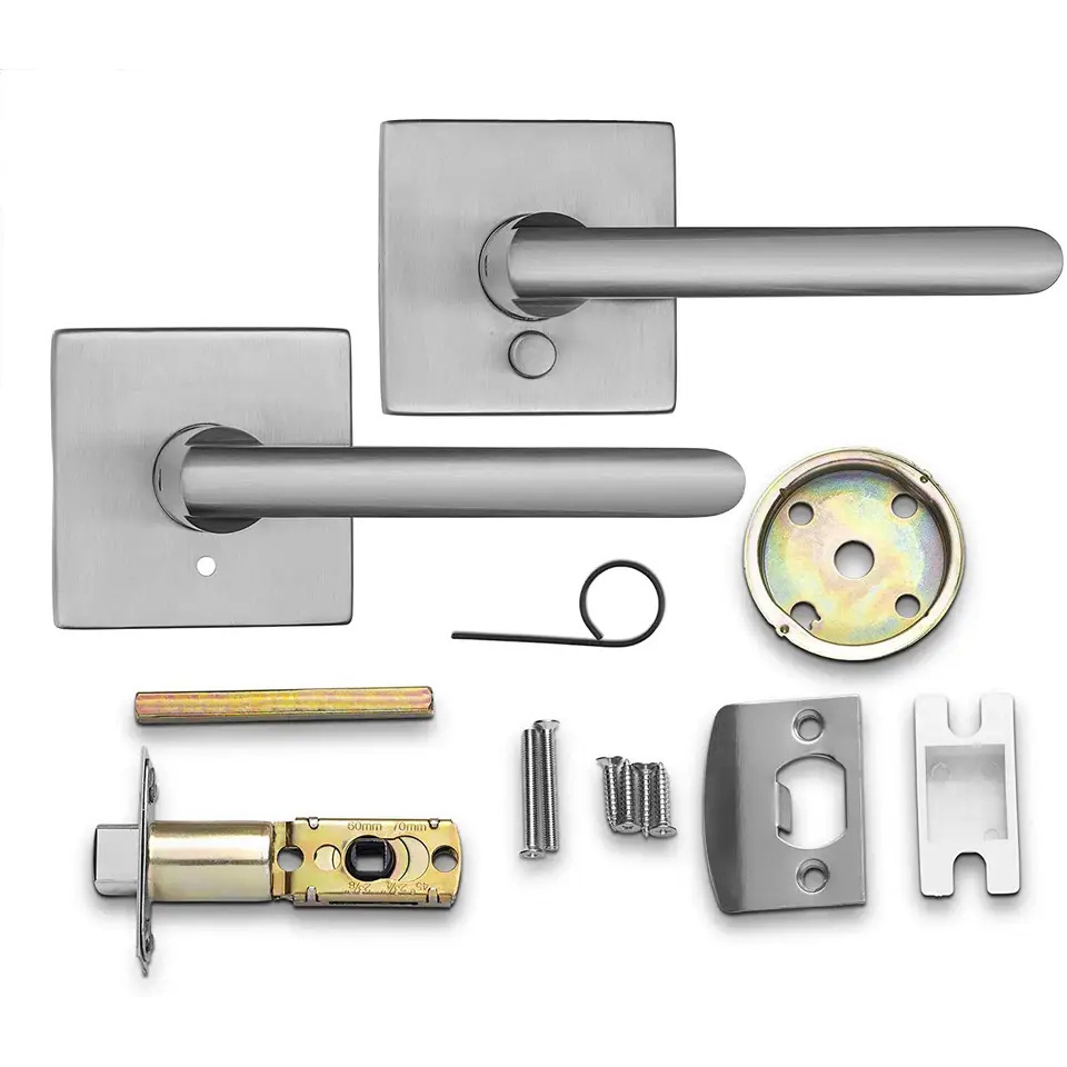 Heavy Duty Door Lever Lock Without Keys Door Handle Square Push Button Keyless Door Lock Satin Nickel Finish for Bathroom