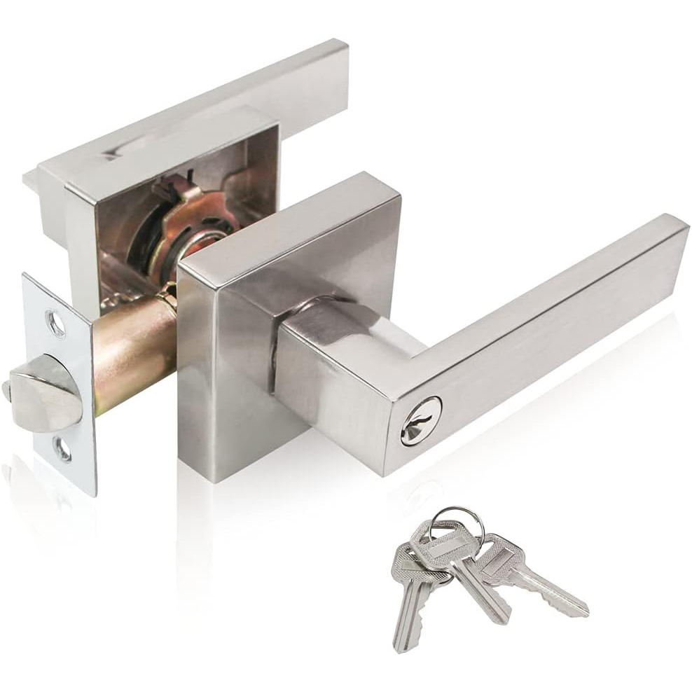 Satin Nickel Square Door Levers Key entry heavy duty lever Lock for Bedroom and Bathroom Zinc Alloy Made leverset