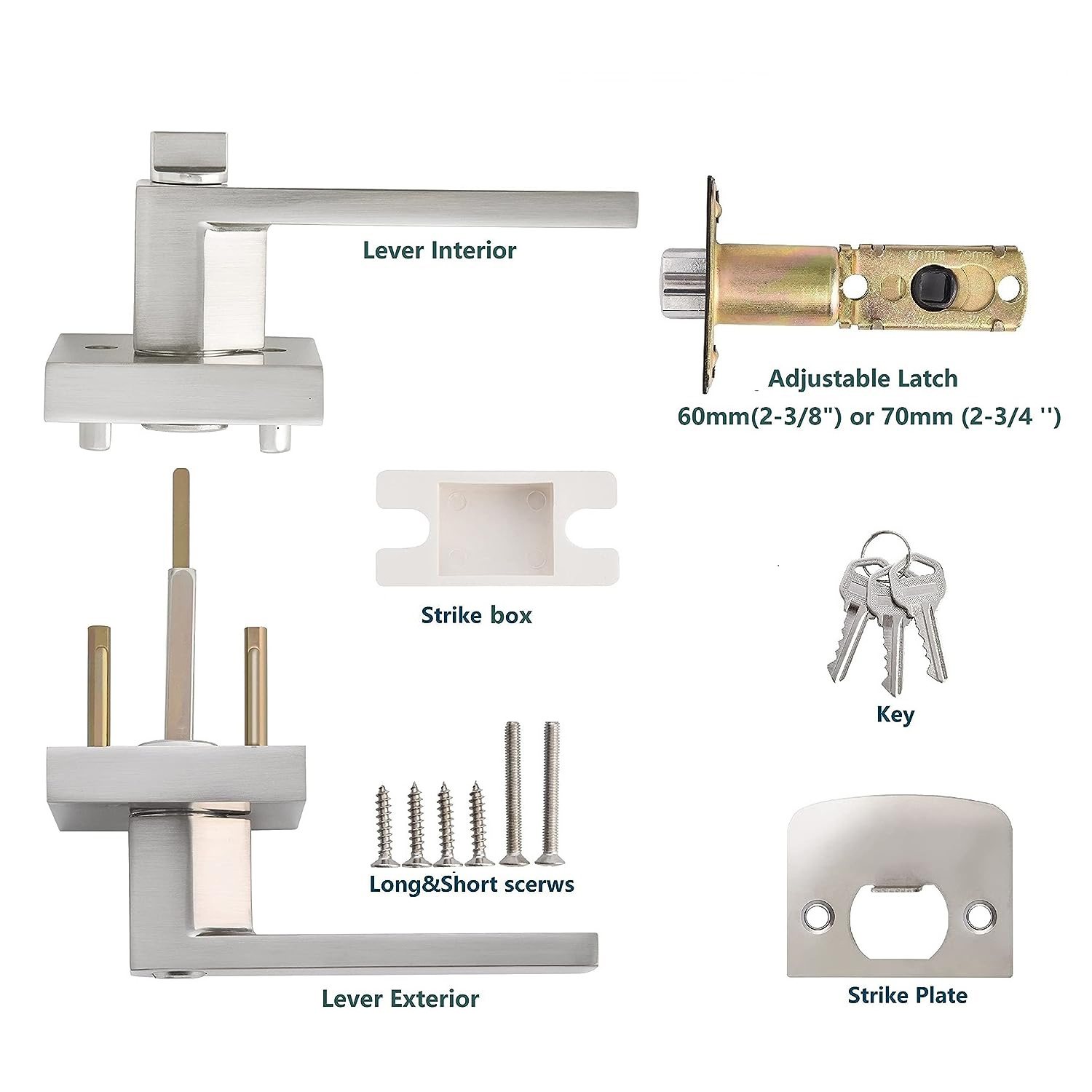 Satin Nickel Square Door Levers Key entry heavy duty lever Lock for Bedroom and Bathroom Zinc Alloy Made leverset