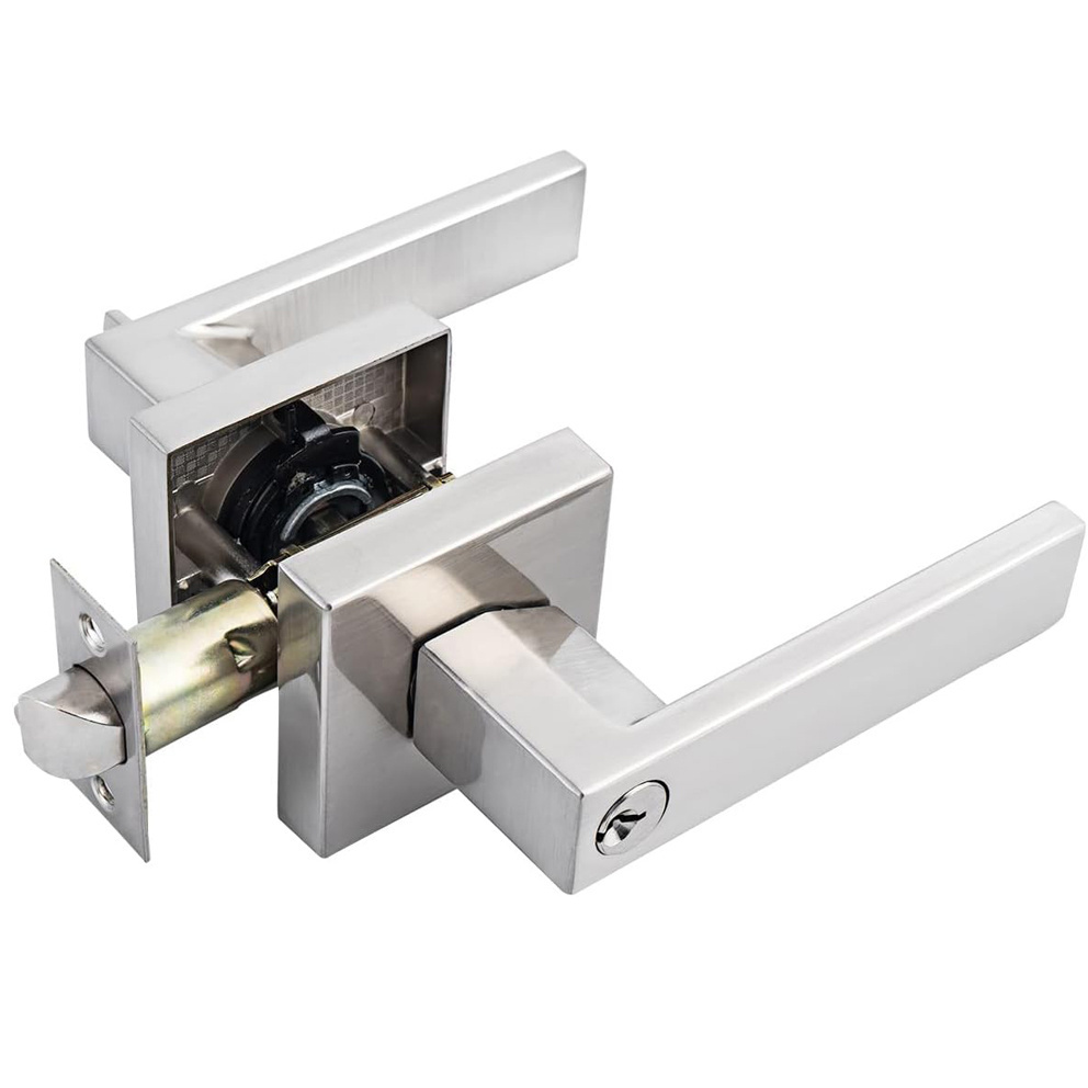 Satin Nickel Square Door Levers Key entry heavy duty lever Lock for Bedroom and Bathroom Zinc Alloy Made leverset