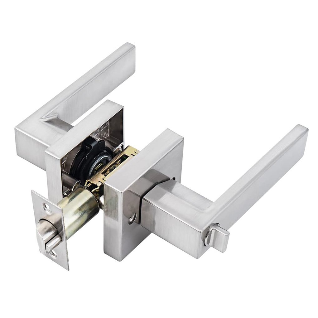 Satin Nickel Square Door Levers Key entry heavy duty lever Lock for Bedroom and Bathroom Zinc Alloy Made leverset