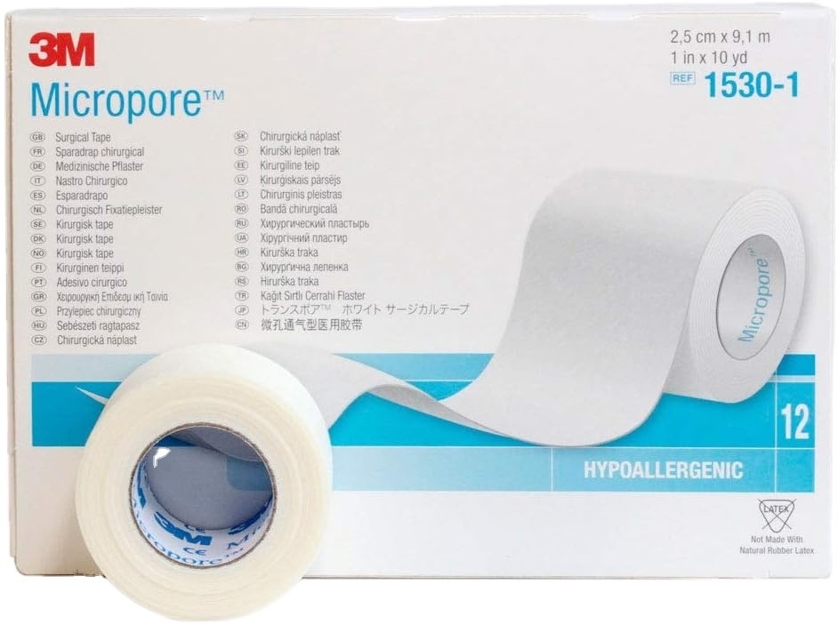 3M Micropore Surgical Tape 2.5cm x 9.1m Pack of 12  Hypoallergenic Tape And Latex-Free Tape