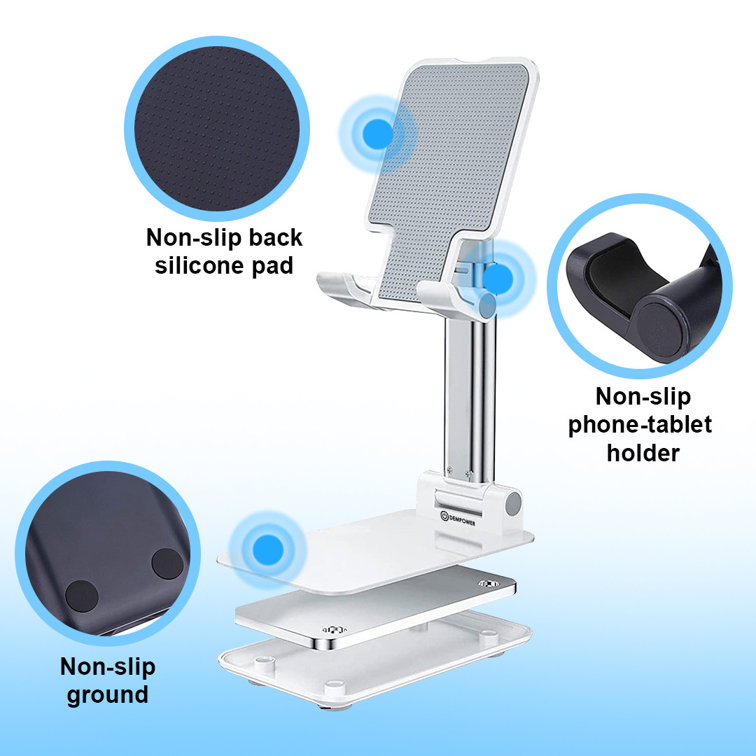 Excellent Quality DEMPOWER White Adjustable Height And Angle Desk Holder Cell Phone & iPad Stand Foldable Stand