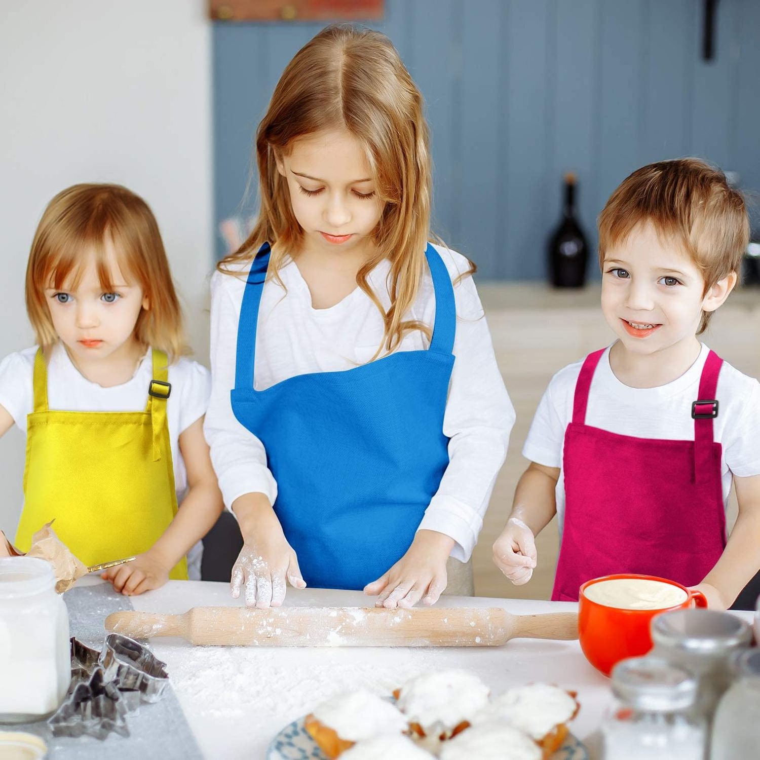 Custom logo cotton aprons pink yellow blue purple kids kitchen cooking apron