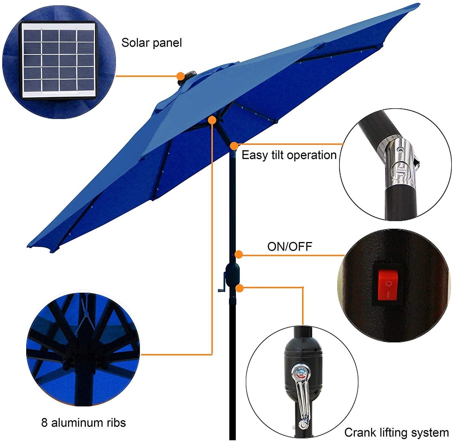 Hot Sale Outdoor Garden Patio Cafe Solar Beach Umbrella Outdoor Solar Umbrella