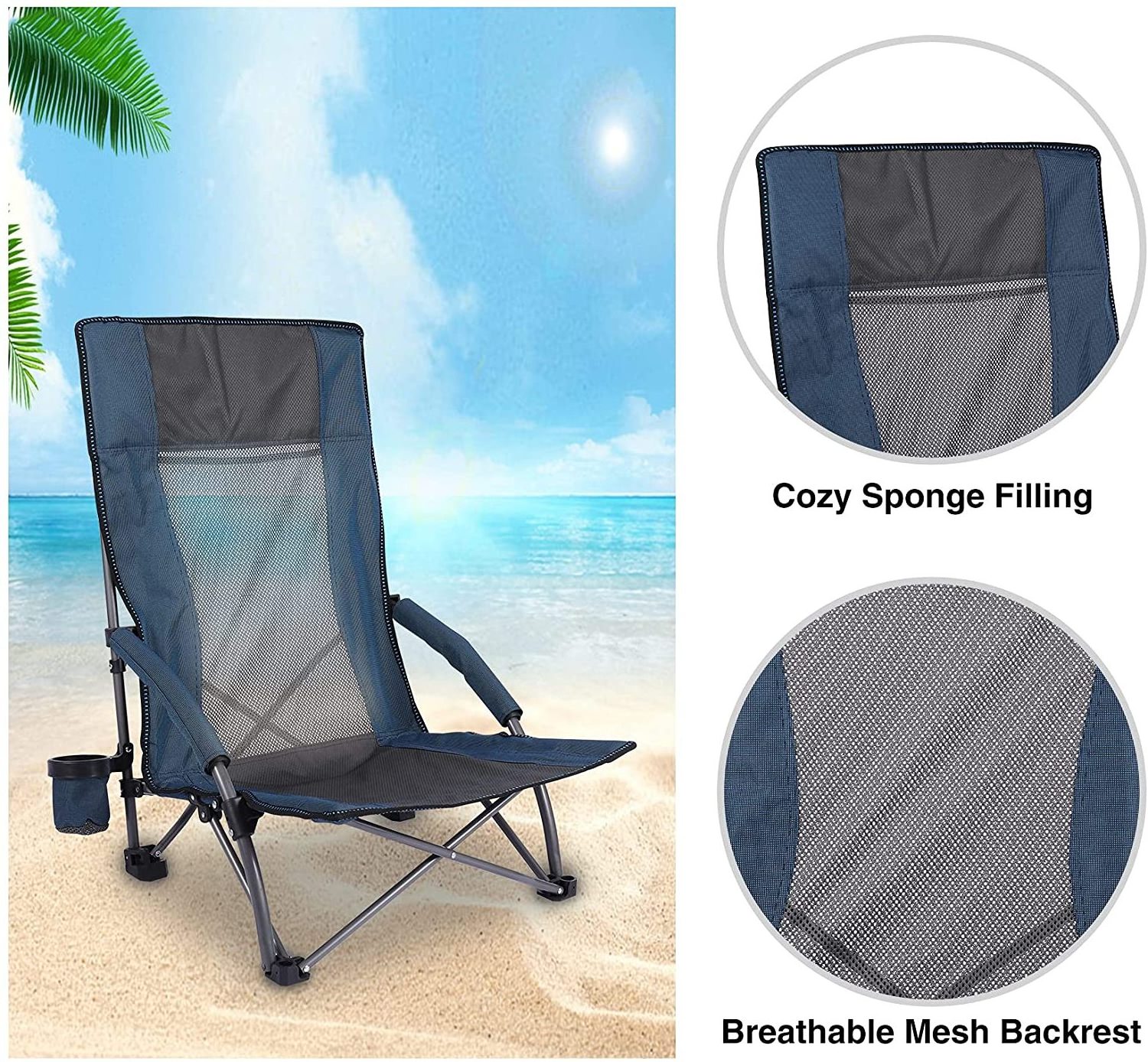 Folding Beach Chair for Adults Heavy Duty, Lightweight Portable Low Profile Concert Chairs with High Back Support