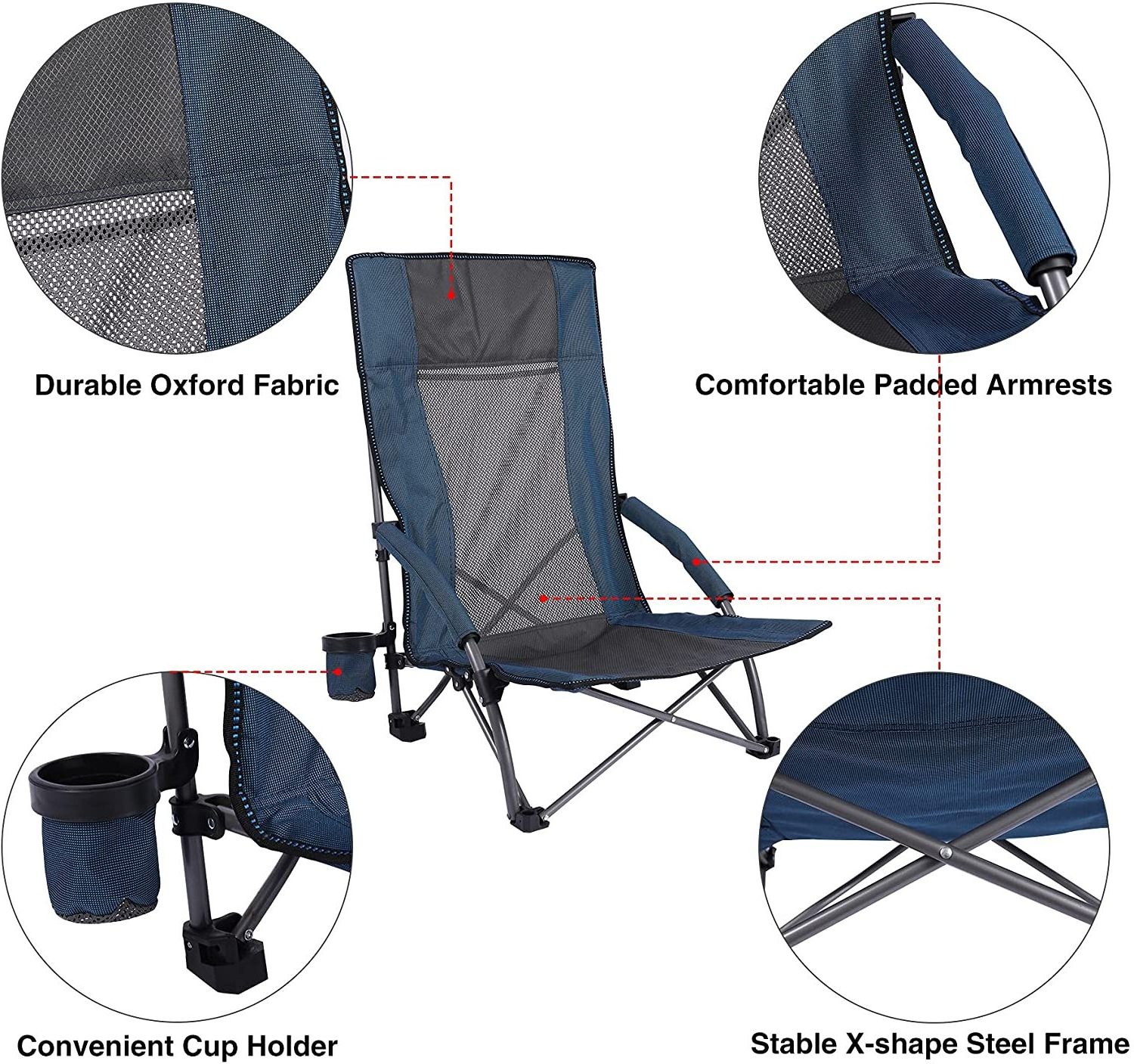 Folding Beach Chair for Adults Heavy Duty, Lightweight Portable Low Profile Concert Chairs with High Back Support