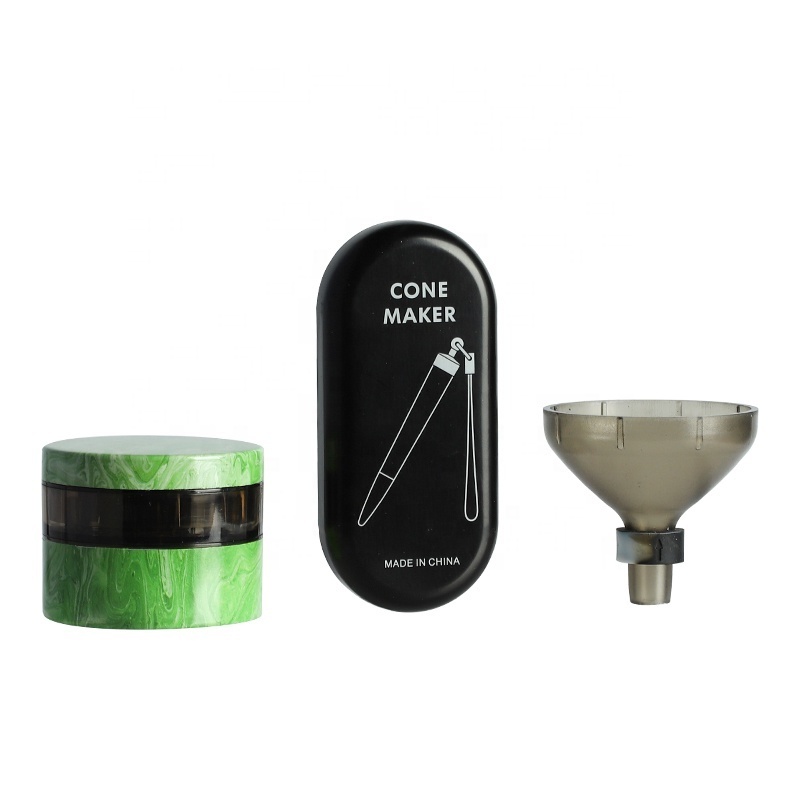 UKETA customized logo 3 layer metal tinplate 55mm grinder tobacco grinder with funnel and cone maker