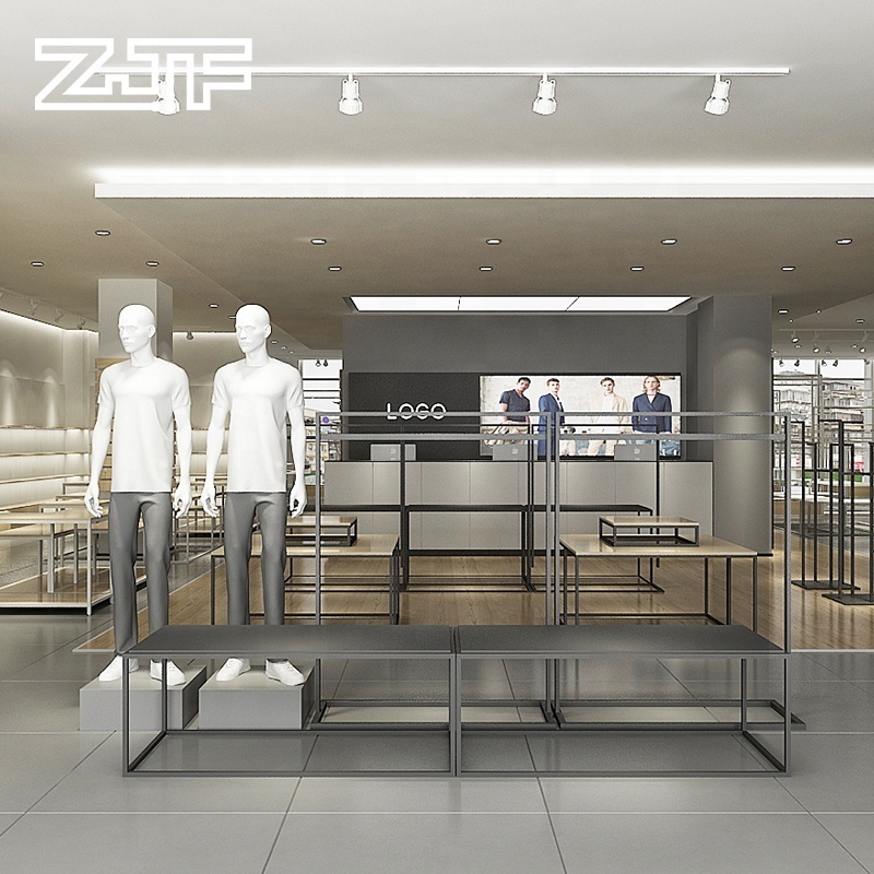 Modern Lady And Man Clothes Store Interior Design Shoes Bags Display Rack For Garment Store Design