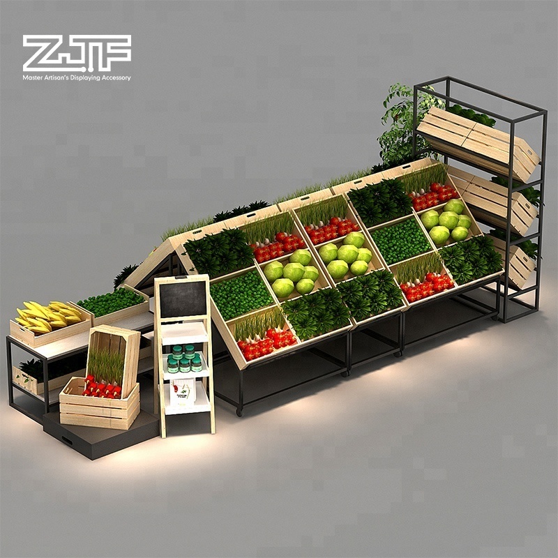 Double sides grocery vegetable fruit display rack wooden supermarket shelves design