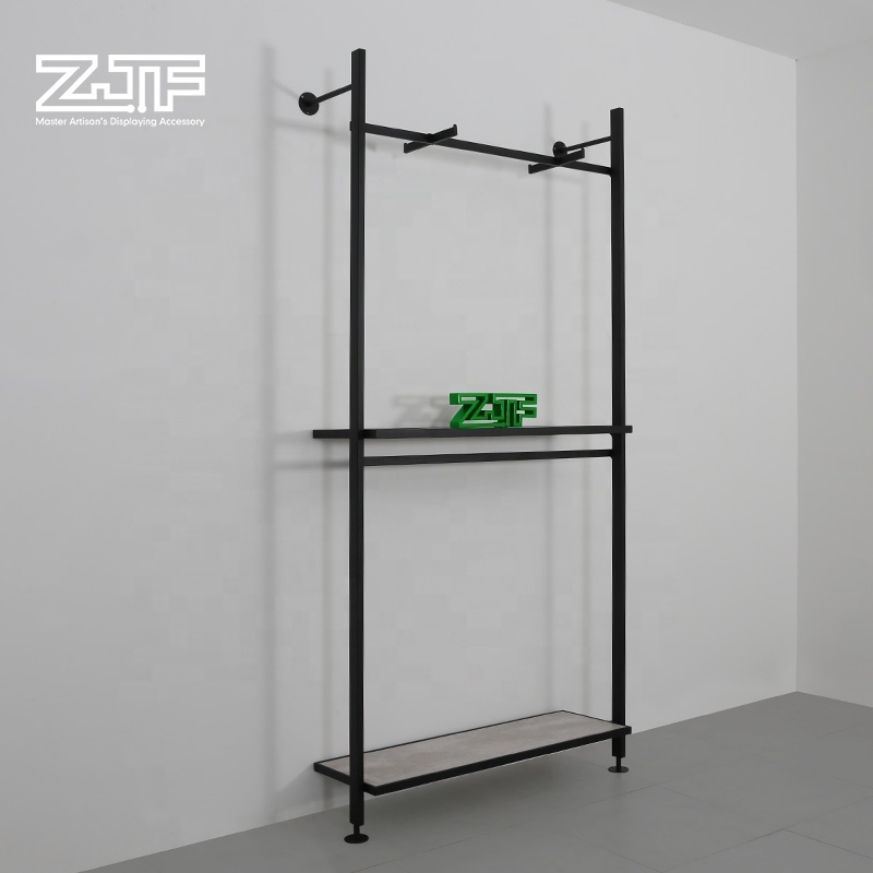 Wall mounted metal wood clothes display rack sports clothing shoes store interior design idea