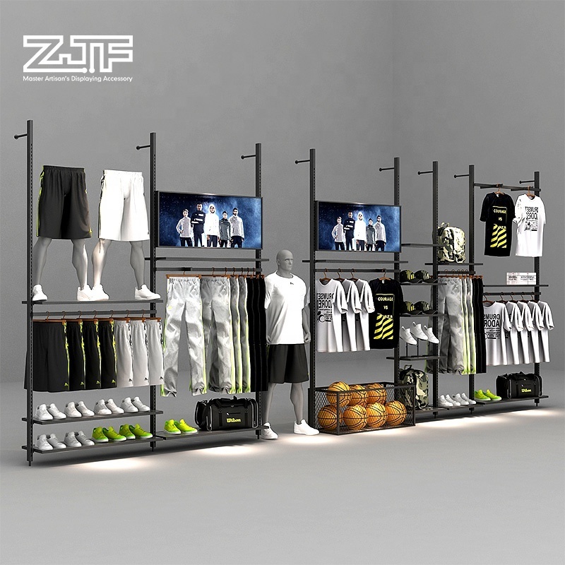 Wall mounted metal wood clothes display rack sports clothing shoes store interior design idea