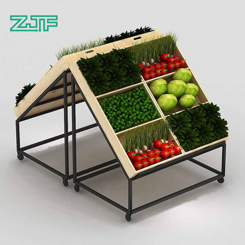 Double sides grocery vegetable fruit display rack wooden supermarket shelves design