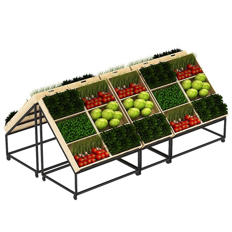 Double sides grocery vegetable fruit display rack wooden supermarket shelves design