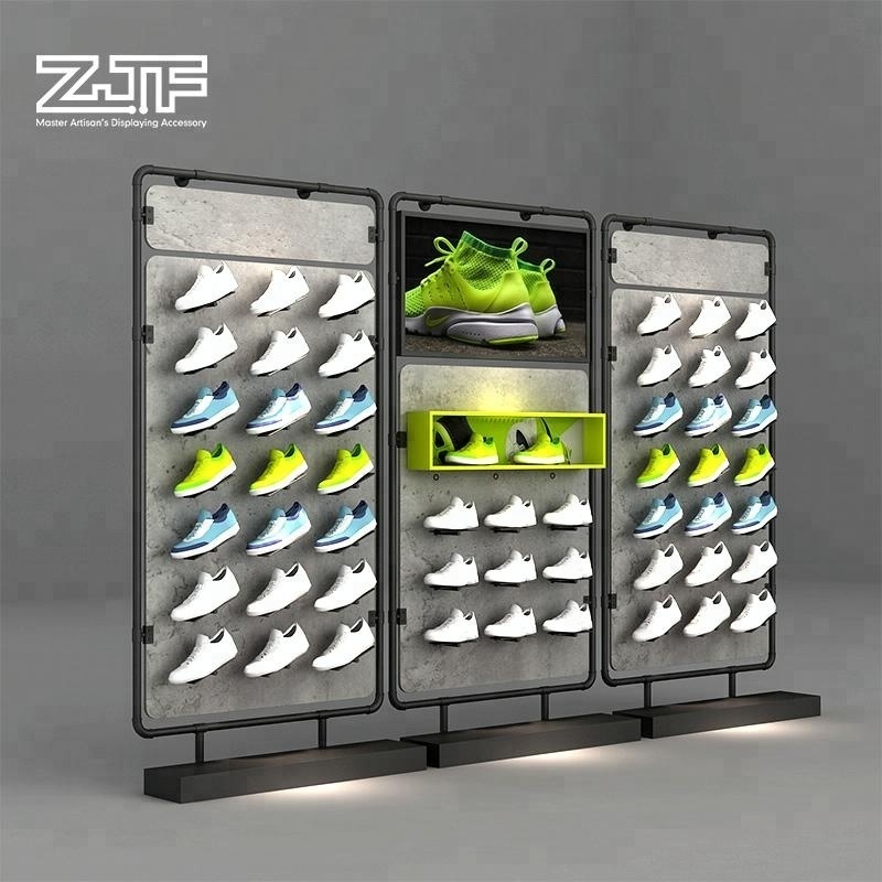 Wall mounted showroom furniture hanging kids shoes commercial wooden shoe rack